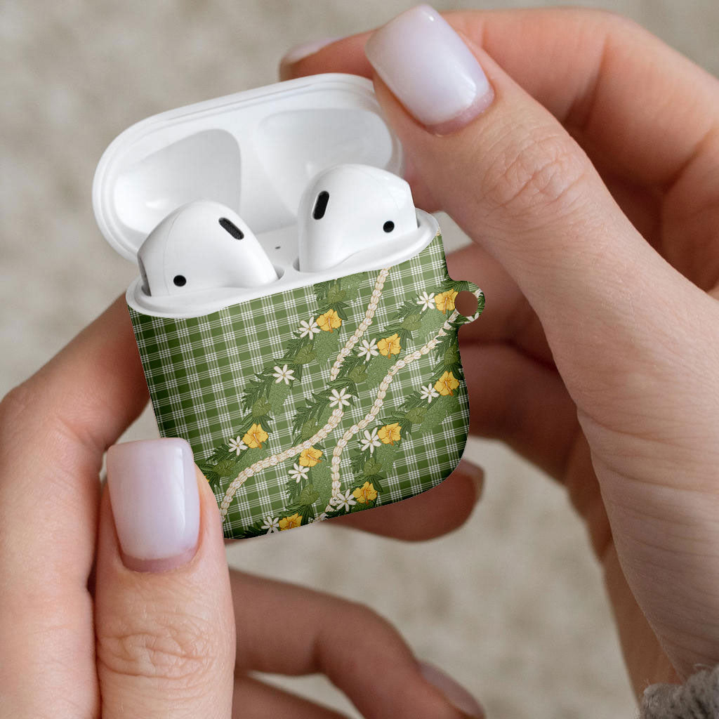 Aloha Puakenikeni Anthurium Pikake Lei AirPods Case Green Hawaiian Palaka Pattern