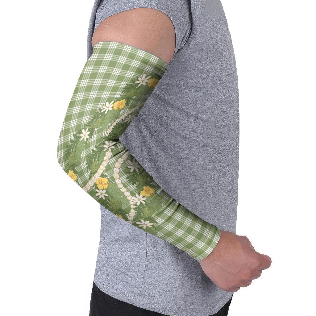 Aloha Puakenikeni Anthurium Pikake Lei Arm Sleeves Green Hawaiian Palaka Pattern