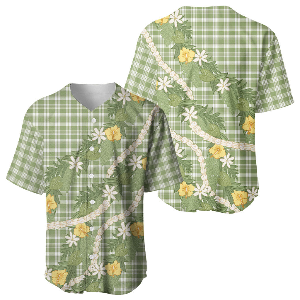 Aloha Puakenikeni Anthurium Pikake Lei Baseball Jersey Green Hawaiian Palaka Pattern LT9 - Polynesian Pride