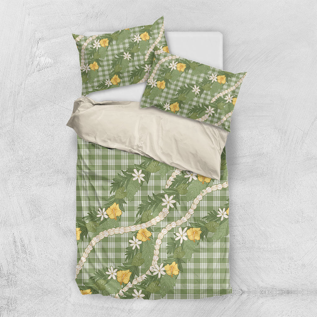 Aloha Puakenikeni Anthurium Pikake Lei Bedding Set Green Hawaiian Palaka Pattern