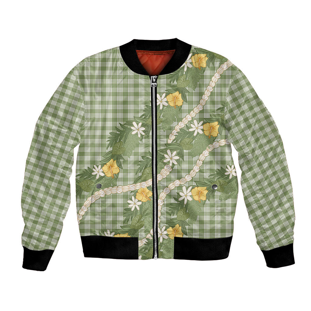 Aloha Puakenikeni Anthurium Pikake Lei Bomber Jacket Green Hawaiian Palaka Pattern