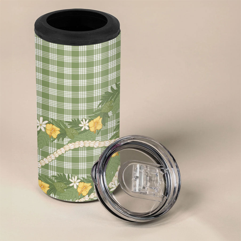 Aloha Puakenikeni Anthurium Pikake Lei 4 in 1 Can Cooler Tumbler Green Hawaiian Palaka Pattern