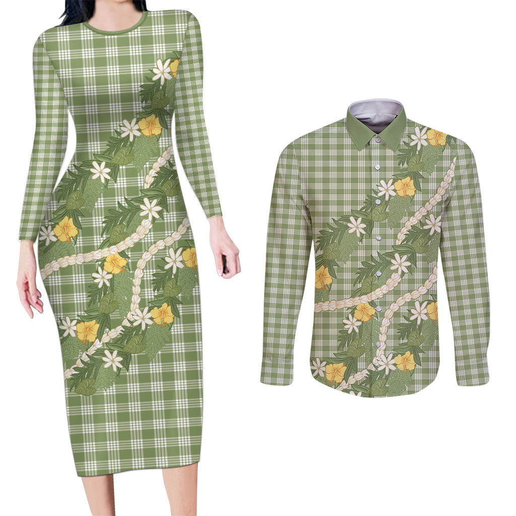 Aloha Puakenikeni Anthurium Pikake Lei Couples Matching Long Sleeve Bodycon Dress and Long Sleeve Button Shirt Green Hawaiian Palaka Pattern