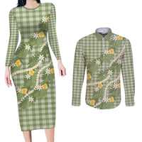Aloha Puakenikeni Anthurium Pikake Lei Couples Matching Long Sleeve Bodycon Dress and Long Sleeve Button Shirt Green Hawaiian Palaka Pattern