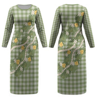 Aloha Puakenikeni Anthurium Pikake Lei Couples Matching Long Sleeve Bodycon Dress and Long Sleeve Button Shirt Green Hawaiian Palaka Pattern LT9 - Polynesian Pride