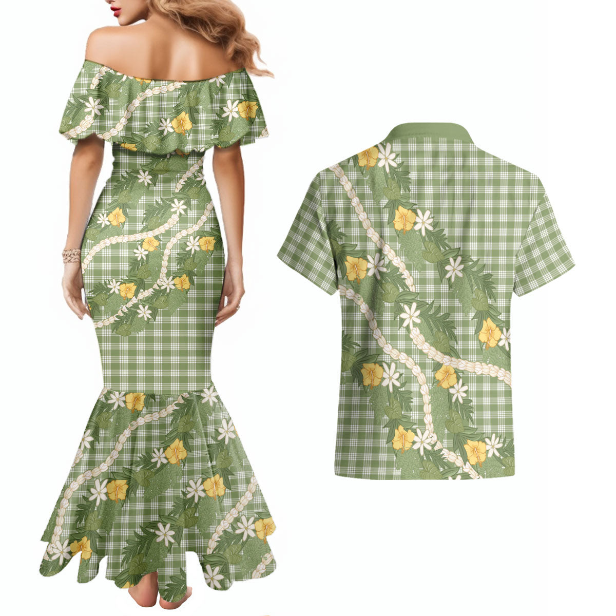 Aloha Puakenikeni Anthurium Pikake Lei Couples Matching Mermaid Dress and Hawaiian Shirt Green Hawaiian Palaka Pattern