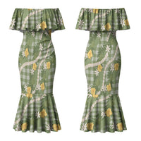 Aloha Puakenikeni Anthurium Pikake Lei Couples Matching Mermaid Dress and Hawaiian Shirt Green Hawaiian Palaka Pattern LT9 - Polynesian Pride