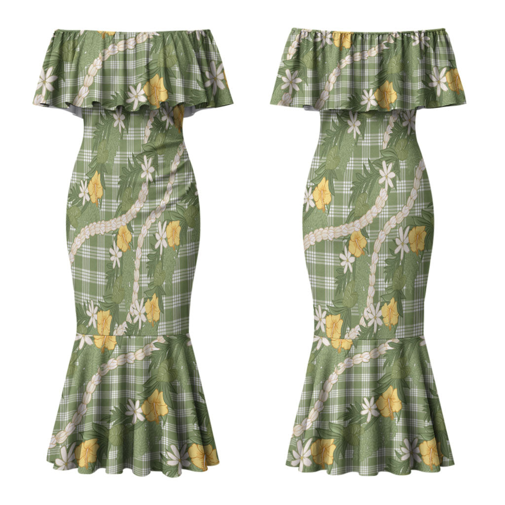 Aloha Puakenikeni Anthurium Pikake Lei Couples Matching Mermaid Dress and Long Sleeve Button Shirt Green Hawaiian Palaka Pattern LT9 - Polynesian Pride