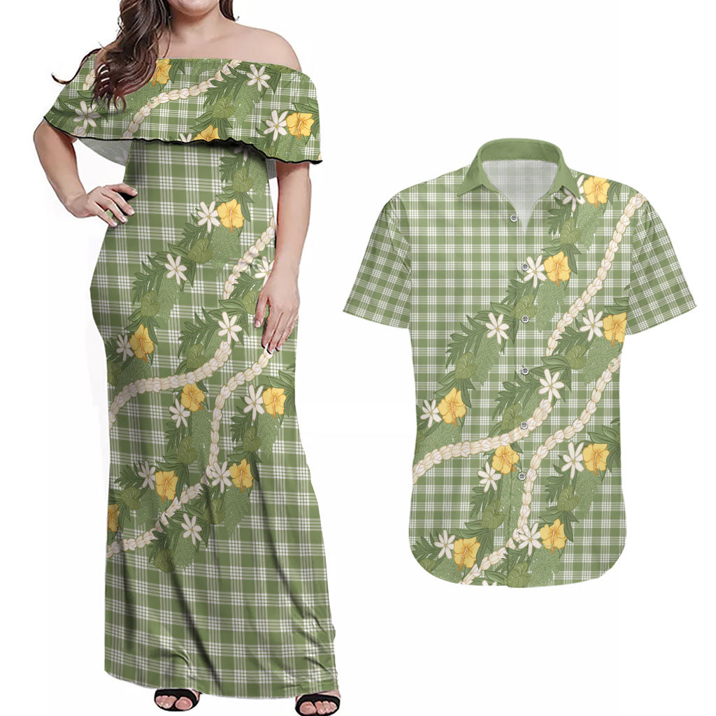 Aloha Puakenikeni Anthurium Pikake Lei Couples Matching Off Shoulder Maxi Dress and Hawaiian Shirt Green Hawaiian Palaka Pattern