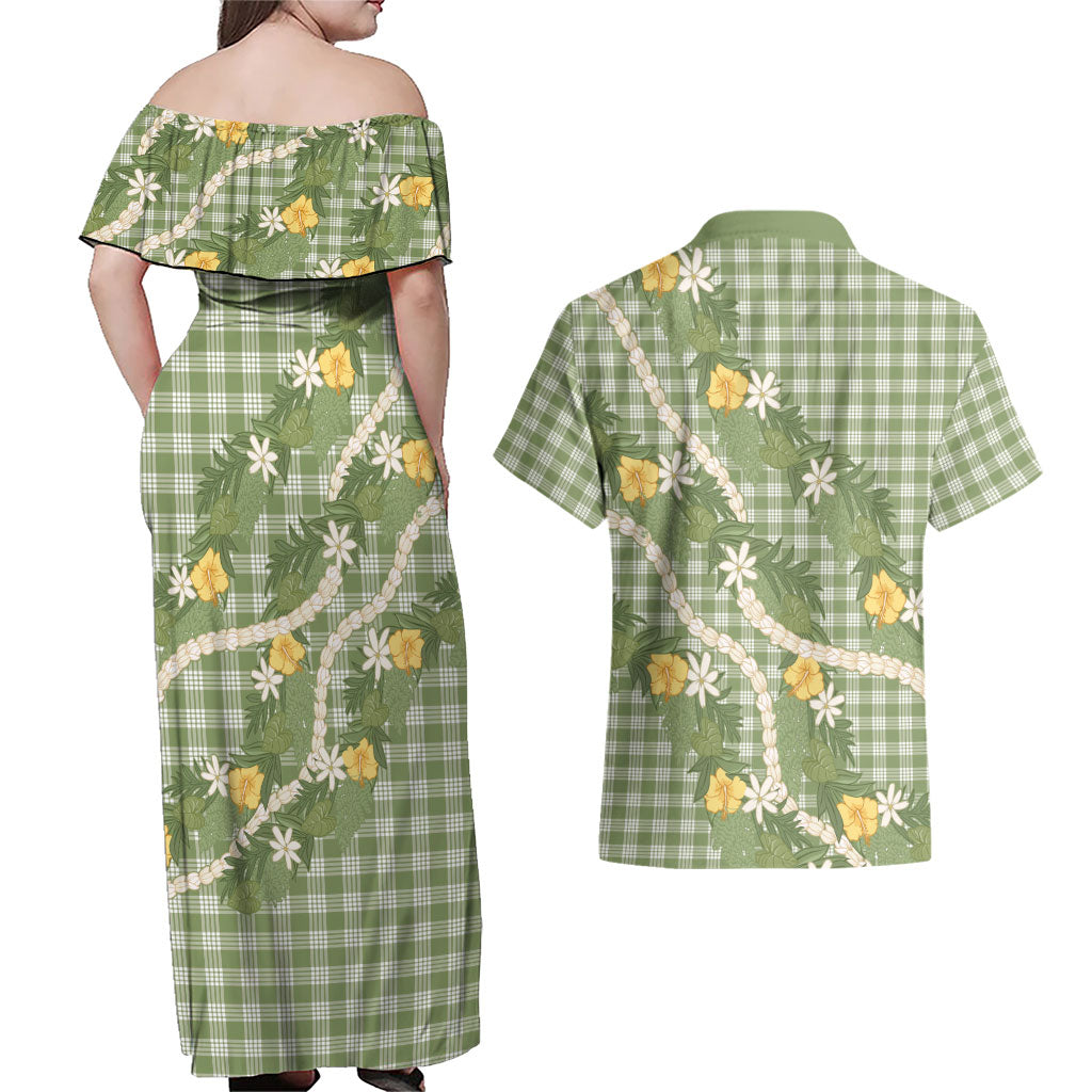 Aloha Puakenikeni Anthurium Pikake Lei Couples Matching Off Shoulder Maxi Dress and Hawaiian Shirt Green Hawaiian Palaka Pattern