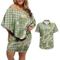 Aloha Puakenikeni Anthurium Pikake Lei Couples Matching Off Shoulder Short Dress and Hawaiian Shirt Green Hawaiian Palaka Pattern LT9 Green - Polynesian Pride