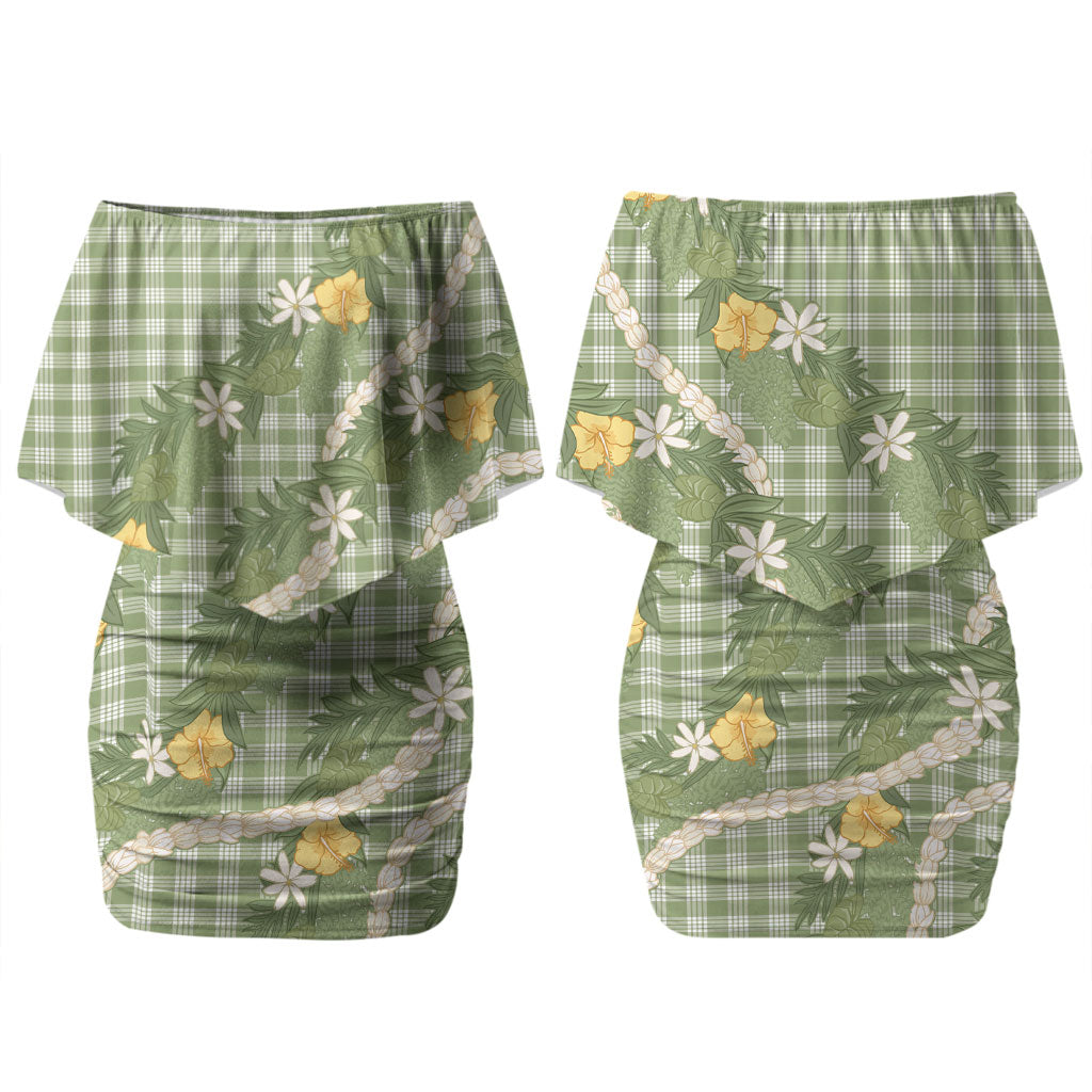 Aloha Puakenikeni Anthurium Pikake Lei Couples Matching Off Shoulder Short Dress and Hawaiian Shirt Green Hawaiian Palaka Pattern LT9 - Polynesian Pride