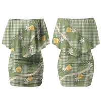 Aloha Puakenikeni Anthurium Pikake Lei Couples Matching Off Shoulder Short Dress and Hawaiian Shirt Green Hawaiian Palaka Pattern LT9 - Polynesian Pride