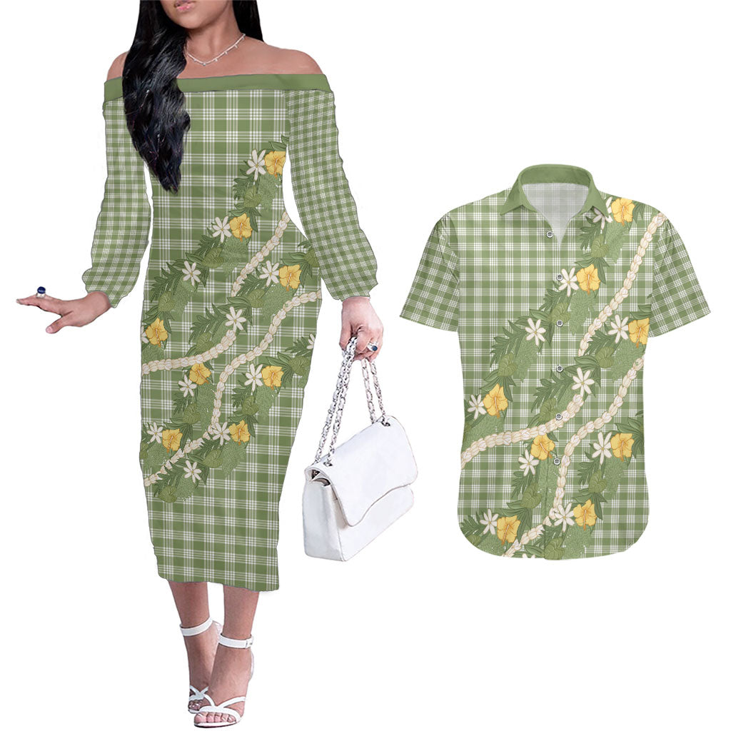 Aloha Puakenikeni Anthurium Pikake Lei Couples Matching Off The Shoulder Long Sleeve Dress and Hawaiian Shirt Green Hawaiian Palaka Pattern LT9 Green - Polynesian Pride