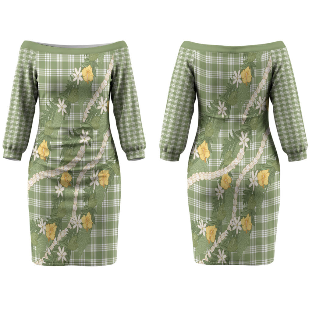 Aloha Puakenikeni Anthurium Pikake Lei Couples Matching Off The Shoulder Long Sleeve Dress and Long Sleeve Button Shirt Green Hawaiian Palaka Pattern LT9 - Polynesian Pride