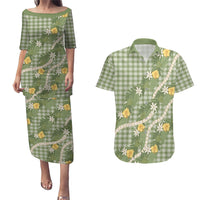 Aloha Puakenikeni Anthurium Pikake Lei Couples Matching Puletasi and Hawaiian Shirt Green Hawaiian Palaka Pattern