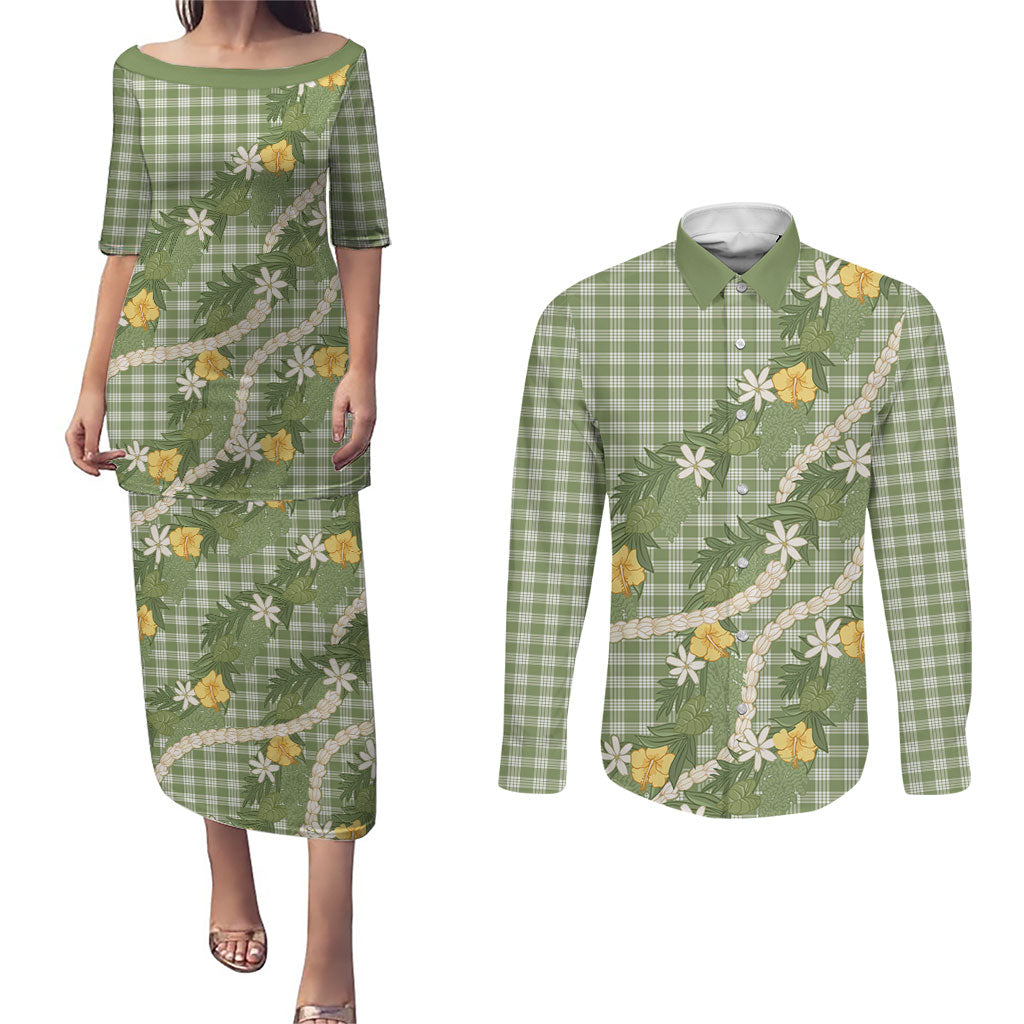 Aloha Puakenikeni Anthurium Pikake Lei Couples Matching Puletasi and Long Sleeve Button Shirt Green Hawaiian Palaka Pattern