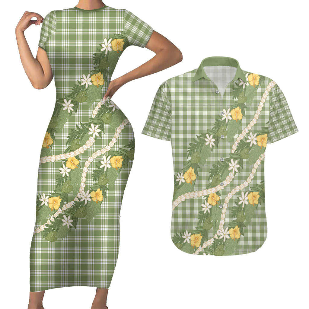 Aloha Puakenikeni Anthurium Pikake Lei Couples Matching Short Sleeve Bodycon Dress and Hawaiian Shirt Green Hawaiian Palaka Pattern LT9 Green - Polynesian Pride