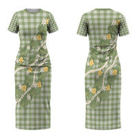 Aloha Puakenikeni Anthurium Pikake Lei Couples Matching Short Sleeve Bodycon Dress and Long Sleeve Button Shirt Green Hawaiian Palaka Pattern LT9 - Polynesian Pride