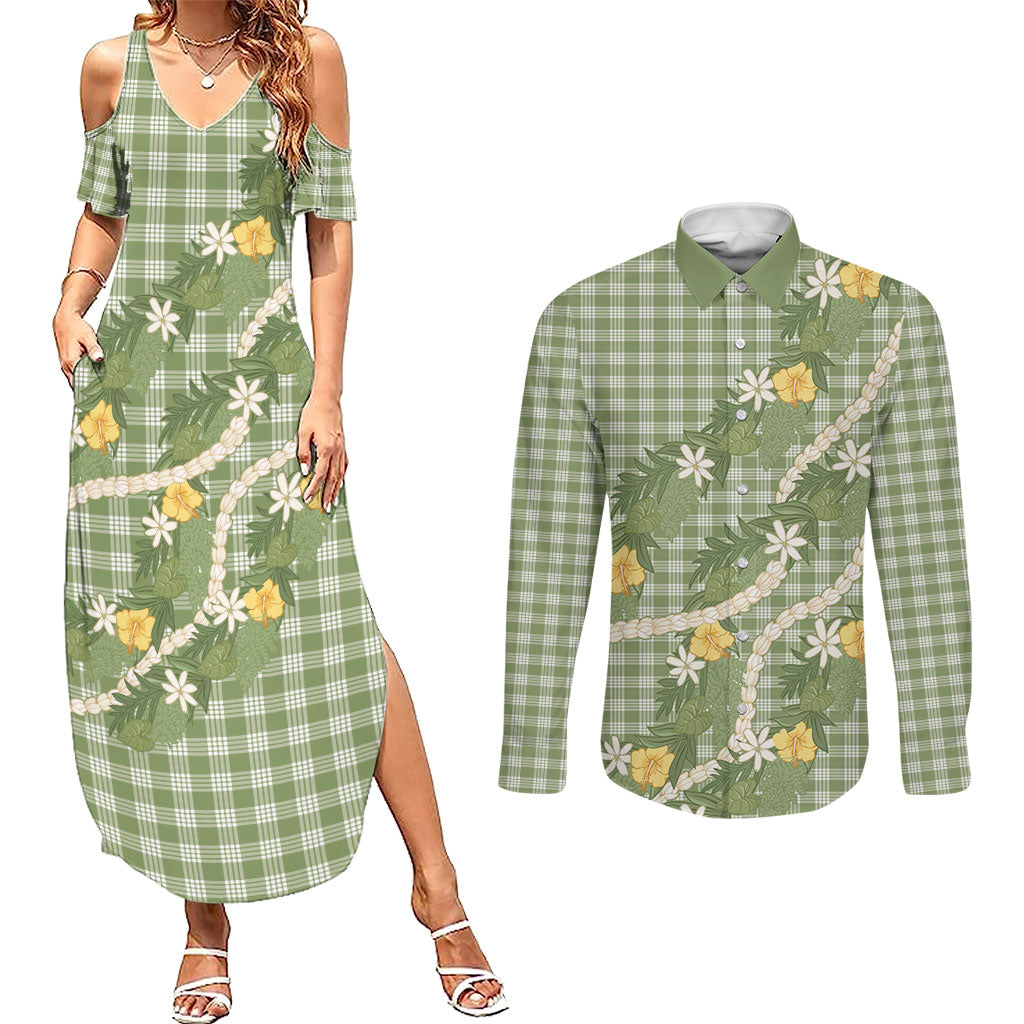 Aloha Puakenikeni Anthurium Pikake Lei Couples Matching Summer Maxi Dress and Long Sleeve Button Shirt Green Hawaiian Palaka Pattern