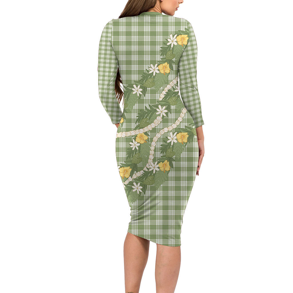 Aloha Puakenikeni Anthurium Pikake Lei Family Matching Long Sleeve Bodycon Dress and Hawaiian Shirt Green Hawaiian Palaka Pattern LT9 - Polynesian Pride