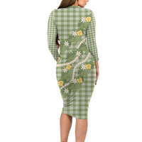 Aloha Puakenikeni Anthurium Pikake Lei Family Matching Long Sleeve Bodycon Dress and Hawaiian Shirt Green Hawaiian Palaka Pattern LT9 - Polynesian Pride