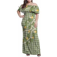 Aloha Puakenikeni Anthurium Pikake Lei Family Matching Off Shoulder Maxi Dress and Hawaiian Shirt Green Hawaiian Palaka Pattern LT9 Mom's Dress Green - Polynesian Pride
