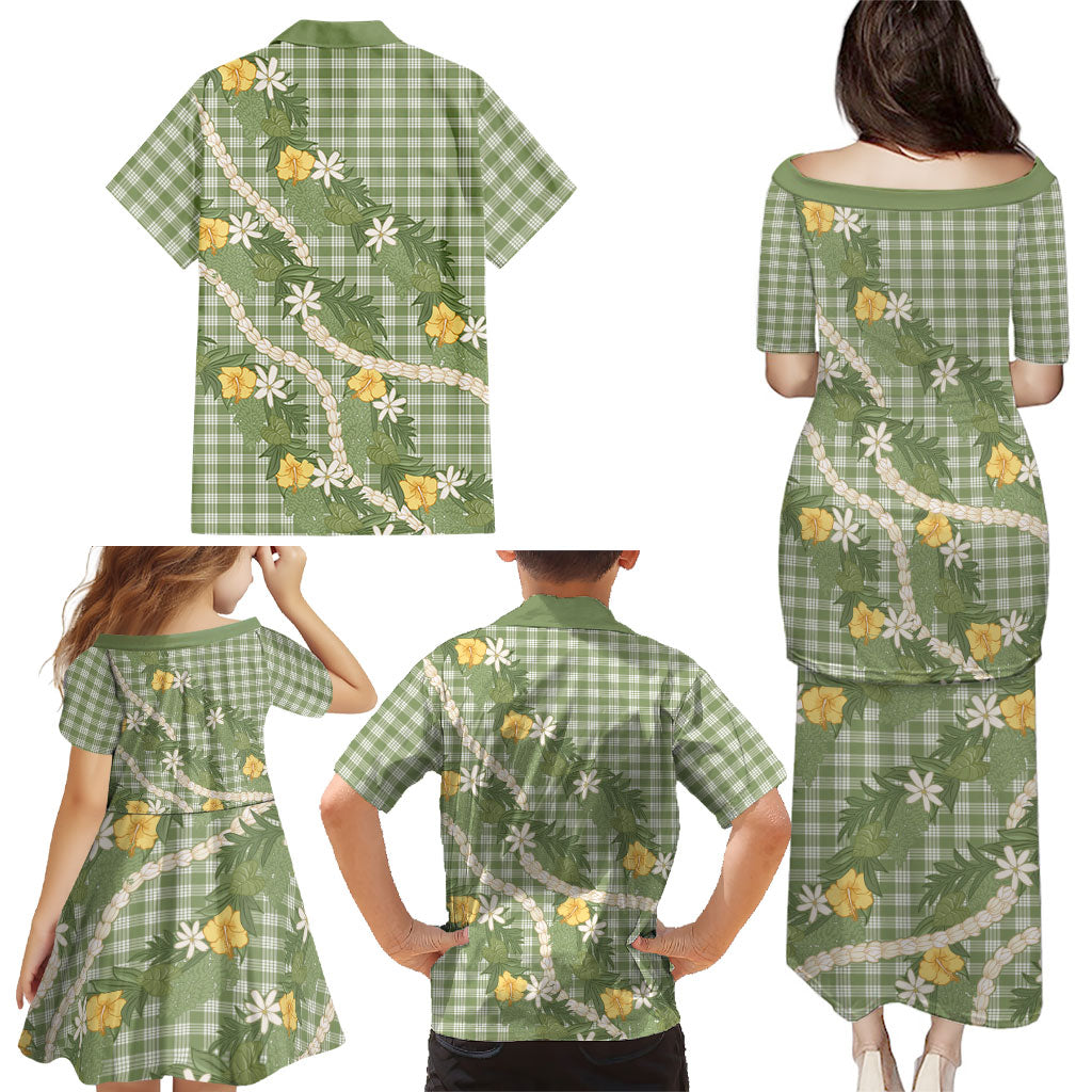Aloha Puakenikeni Anthurium Pikake Lei Family Matching Puletasi and Hawaiian Shirt Green Hawaiian Palaka Pattern LT9 - Polynesian Pride