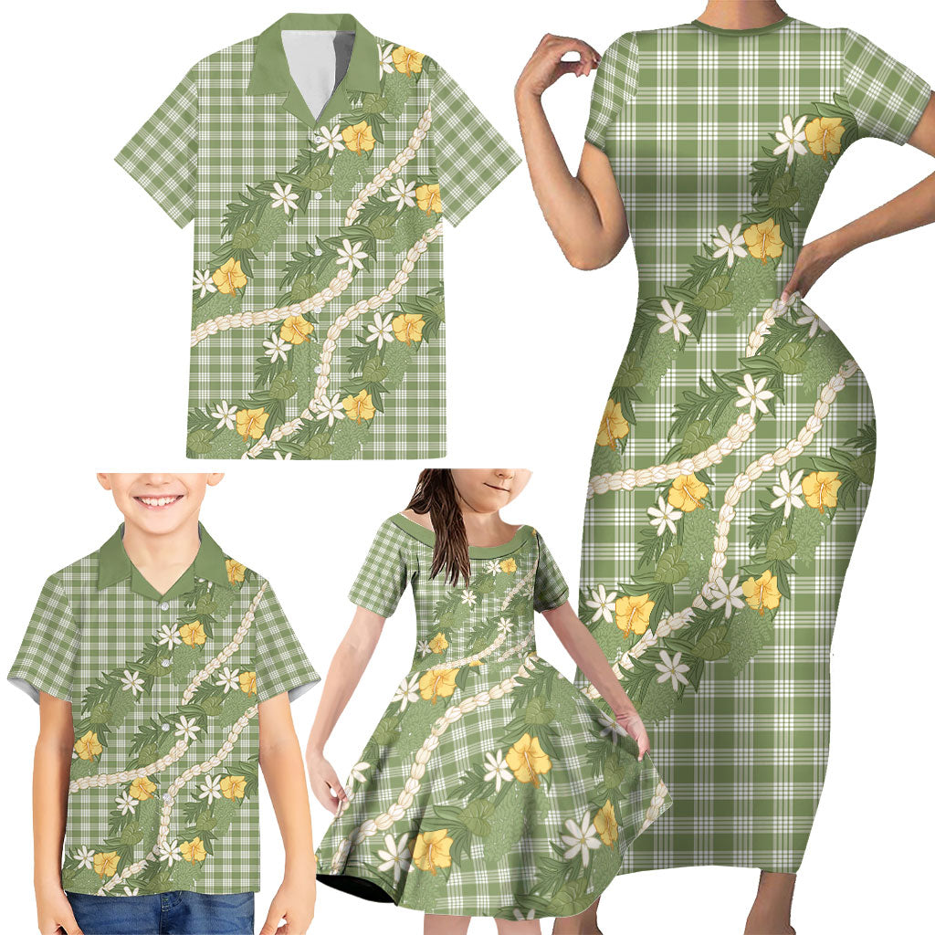 Aloha Puakenikeni Anthurium Pikake Lei Family Matching Short Sleeve Bodycon Dress and Hawaiian Shirt Green Hawaiian Palaka Pattern