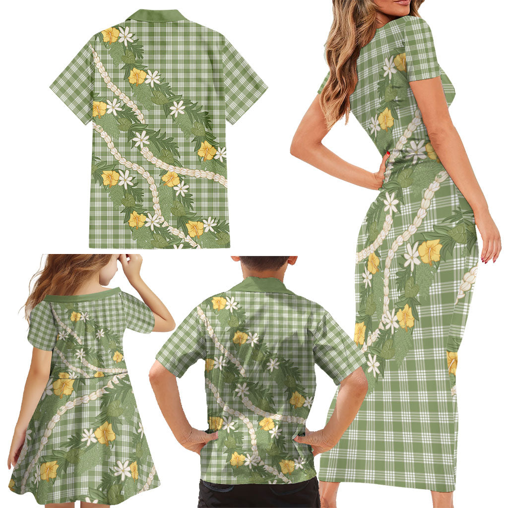 Aloha Puakenikeni Anthurium Pikake Lei Family Matching Short Sleeve Bodycon Dress and Hawaiian Shirt Green Hawaiian Palaka Pattern LT9 - Polynesian Pride