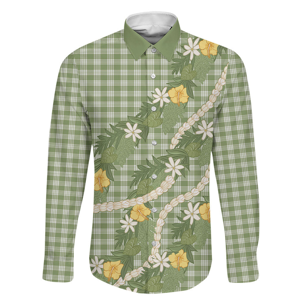 Aloha Puakenikeni Anthurium Pikake Lei Family Matching Summer Maxi Dress and Hawaiian Shirt Green Hawaiian Palaka Pattern LT9 Dad's Shirt - Long Sleeve Green - Polynesian Pride