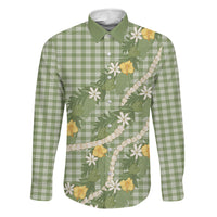 Aloha Puakenikeni Anthurium Pikake Lei Family Matching Summer Maxi Dress and Hawaiian Shirt Green Hawaiian Palaka Pattern LT9 Dad's Shirt - Long Sleeve Green - Polynesian Pride