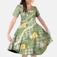 Aloha Puakenikeni Anthurium Pikake Lei Family Matching Tank Maxi Dress and Hawaiian Shirt Green Hawaiian Palaka Pattern LT9 Daughter's Dress Green - Polynesian Pride
