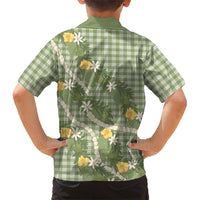 Aloha Puakenikeni Anthurium Pikake Lei Kid Hawaiian Shirt Green Hawaiian Palaka Pattern