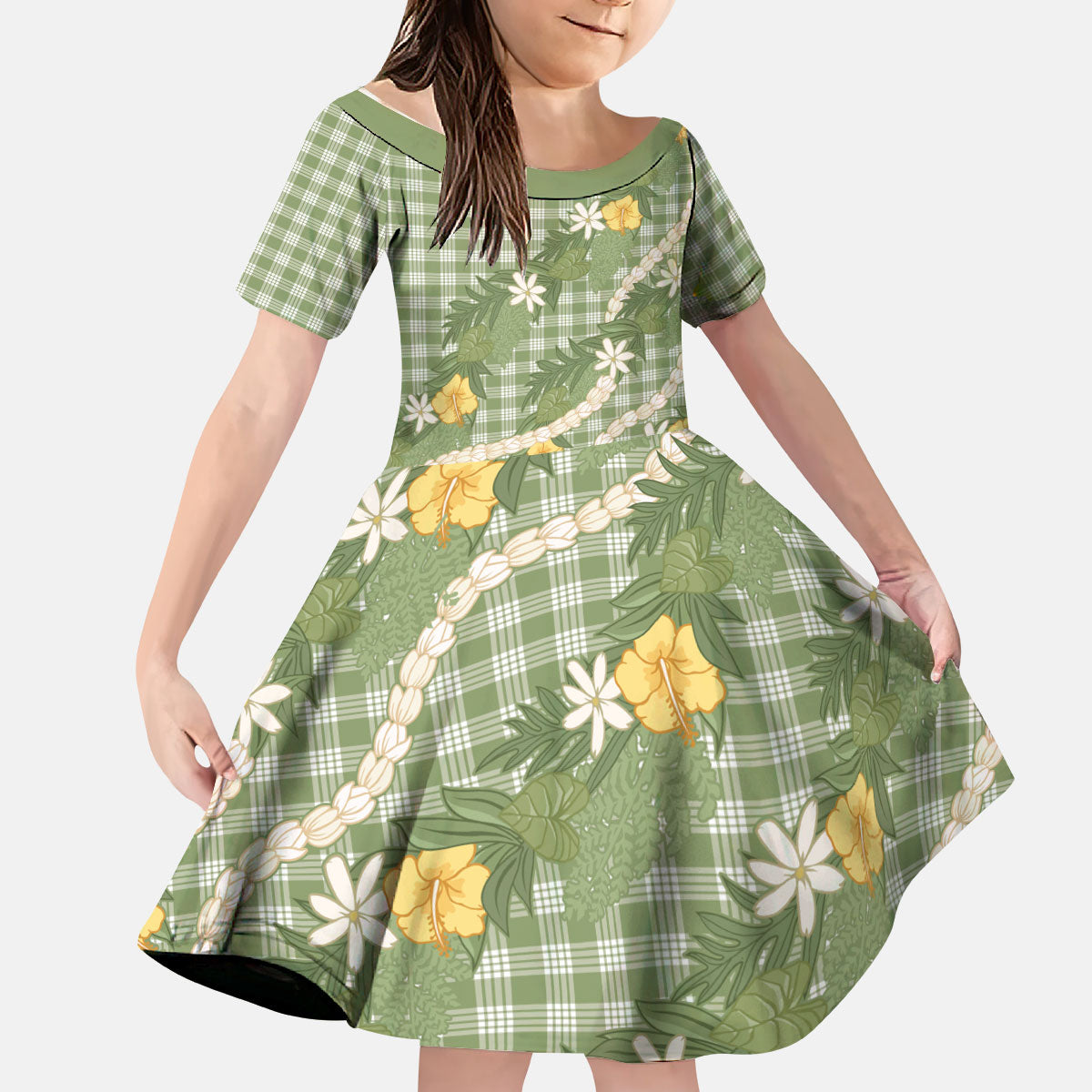 Aloha Puakenikeni Anthurium Pikake Lei Kid Short Sleeve Dress Green Hawaiian Palaka Pattern