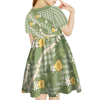 Aloha Puakenikeni Anthurium Pikake Lei Kid Short Sleeve Dress Green Hawaiian Palaka Pattern