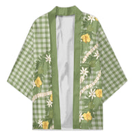Aloha Puakenikeni Anthurium Pikake Lei Kimono Green Hawaiian Palaka Pattern