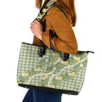 Aloha Puakenikeni Anthurium Pikake Lei Leather Tote Bag Green Hawaiian Palaka Pattern