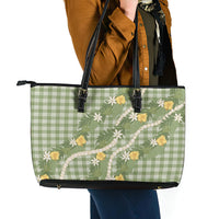 Aloha Puakenikeni Anthurium Pikake Lei Leather Tote Bag Green Hawaiian Palaka Pattern
