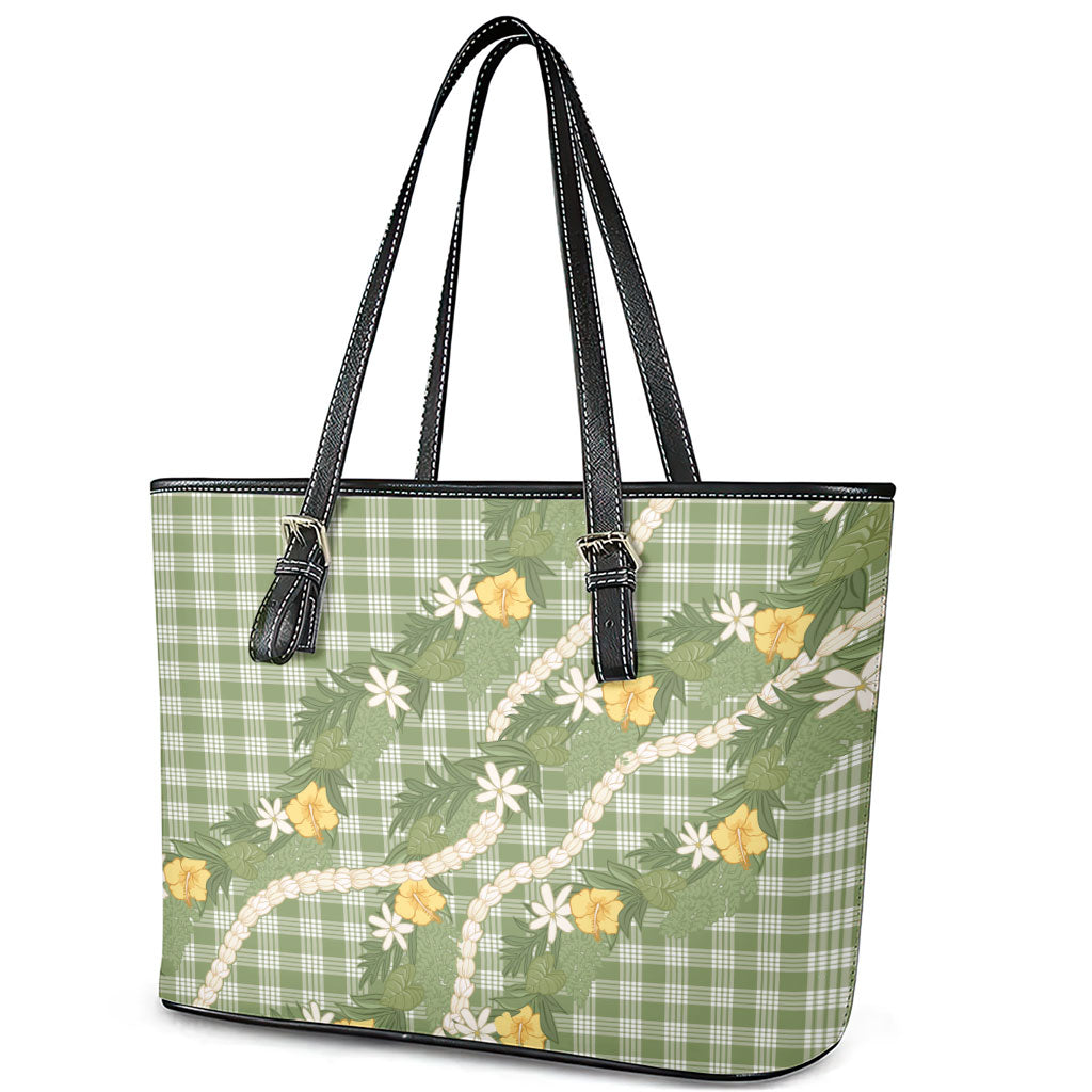 Aloha Puakenikeni Anthurium Pikake Lei Leather Tote Bag Green Hawaiian Palaka Pattern