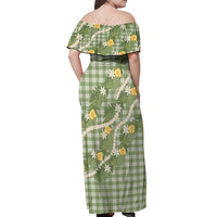 Aloha Puakenikeni Anthurium Pikake Lei Off Shoulder Maxi Dress Green Hawaiian Palaka Pattern