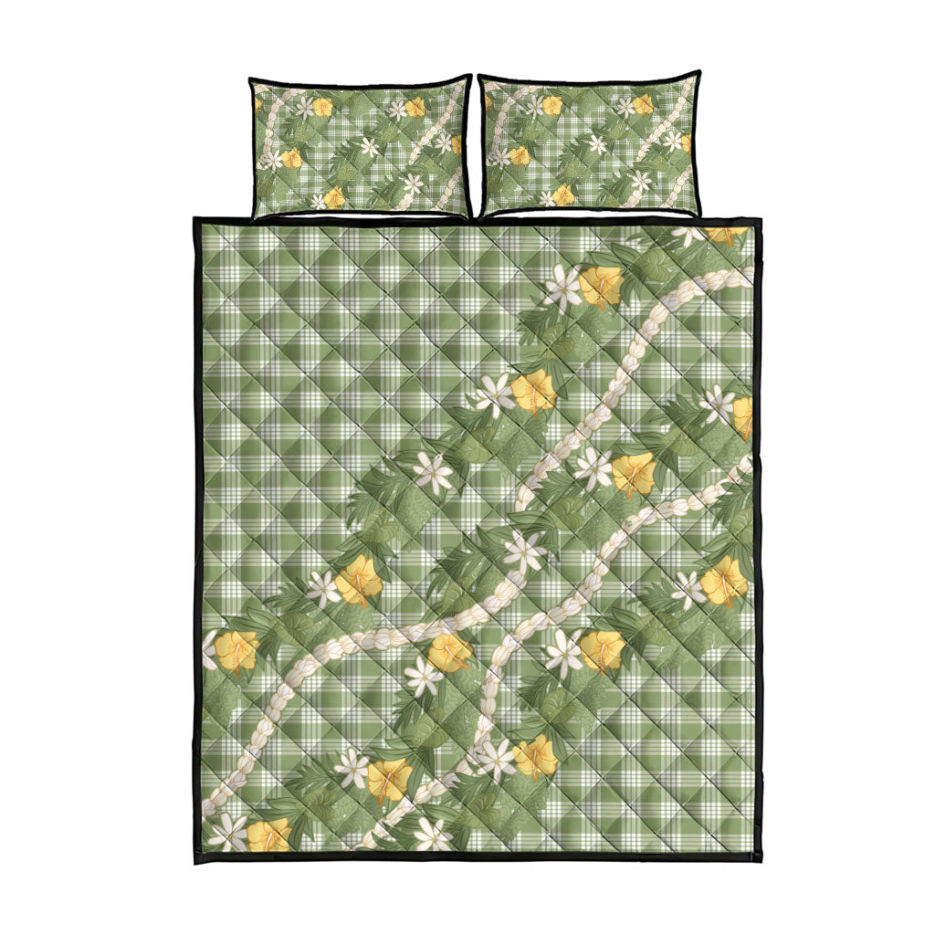 Aloha Puakenikeni Anthurium Pikake Lei Quilt Bed Set Green Hawaiian Palaka Pattern
