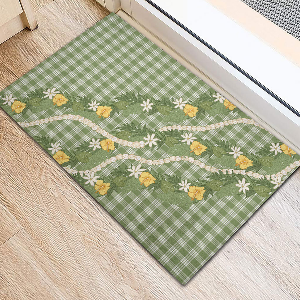 Aloha Puakenikeni Anthurium Pikake Lei Rubber Doormat Green Hawaiian Palaka Pattern