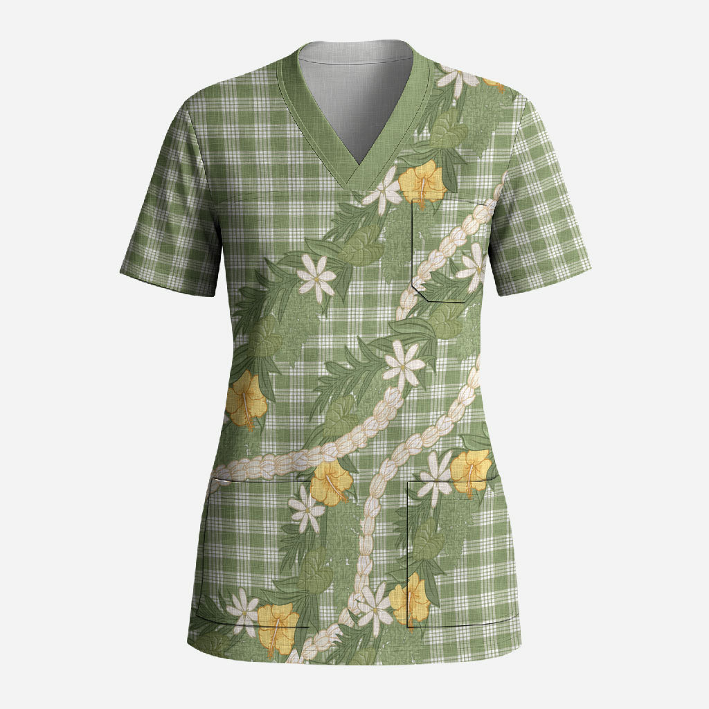 Aloha Puakenikeni Anthurium Pikake Lei Scrub Top Green Hawaiian Palaka Pattern
