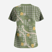 Aloha Puakenikeni Anthurium Pikake Lei Scrub Top Green Hawaiian Palaka Pattern