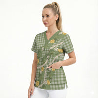 Aloha Puakenikeni Anthurium Pikake Lei Scrub Top Green Hawaiian Palaka Pattern
