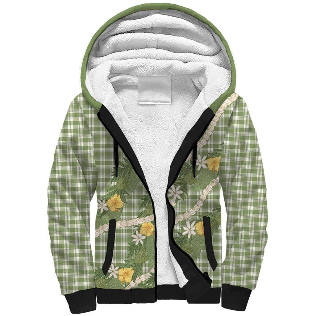 Aloha Puakenikeni Anthurium Pikake Lei Sherpa Hoodie Green Hawaiian Palaka Pattern