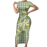 Aloha Puakenikeni Anthurium Pikake Lei Short Sleeve Bodycon Dress Green Hawaiian Palaka Pattern