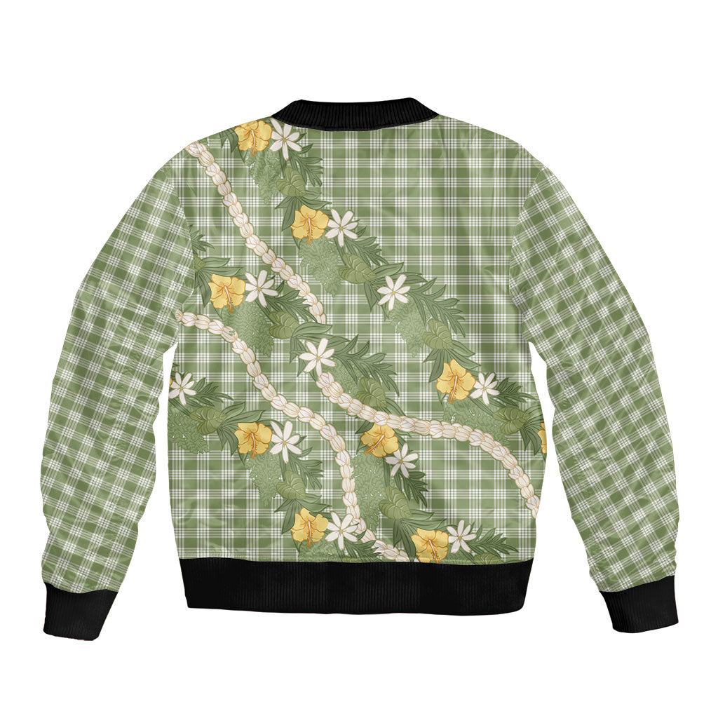 Aloha Puakenikeni Anthurium Pikake Lei Sleeve Zip Bomber Jacket Green Hawaiian Palaka Pattern