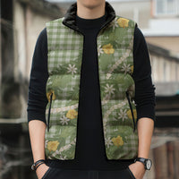 Aloha Puakenikeni Anthurium Pikake Lei Sleeveless Puffer Jacket Green Hawaiian Palaka Pattern